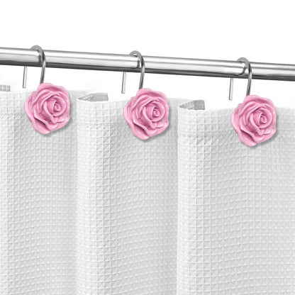Sunlit Rose Shower Curtain Hooks, Home Decorative Flower Shower Curtain Rings for Bathroom, Resin, Pink Floral Shower Curtain Hanger Hooks for Living Room, Set of 12