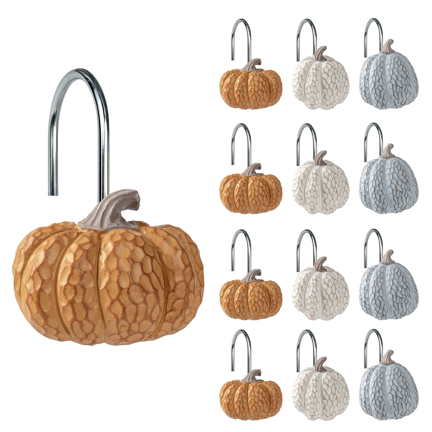 Sunlit Fall Pumpkin Decorative Shower Curtain Hooks, Autumn Harvest Festival Shower Curtain Rings, Resin, Orange Farmhouse Bathroom Curtain Hangers Decoration, Set of 12