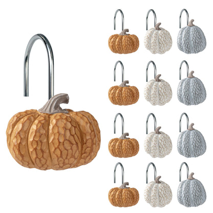 Sunlit Fall Pumpkin Decorative Shower Curtain Hooks, Autumn Harvest Festival Shower Curtain Rings, Resin, Orange Farmhouse Bathroom Curtain Hangers Decoration, Set of 12