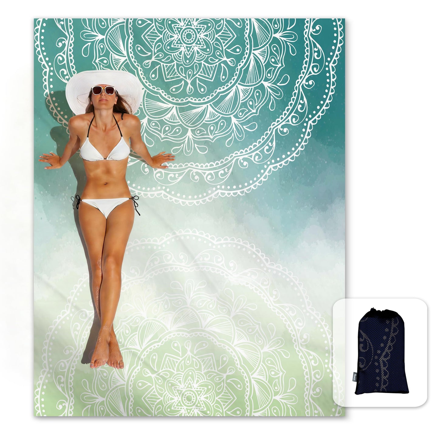 Sunlit Silky Soft Sand Proof Beach Blanket 106"x81" / 85"x72" Sand Proof Mat with Corner Pockets and Mesh Bag for Beach Party, Travel, Camping and Outdoor Music Festival, Mandala