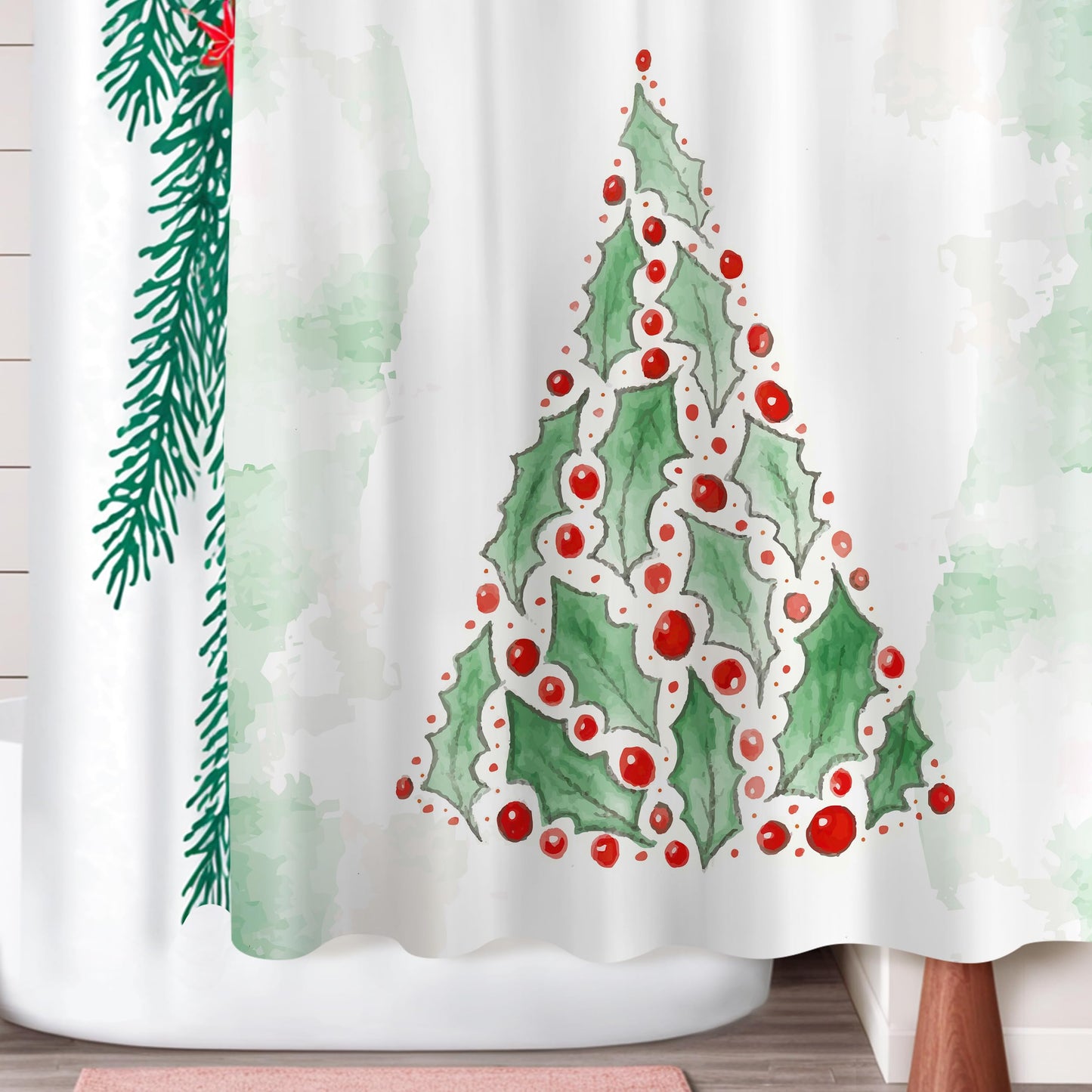 Sunlit Christmas Shower Curtain, Green Xmas Pine Tree with Red Star Ornament Holiday Floral Holly Berries Decorations Festive Bathroom Fabric Shower Curtain, Home Decor Tapestry, 72" x 72"
