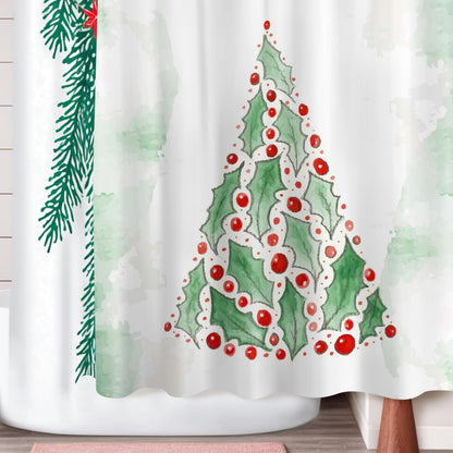 Sunlit Christmas Shower Curtain, Green Xmas Pine Tree with Red Star Ornament Holiday Floral Holly Berries Decorations Festive Bathroom Fabric Shower Curtain, Home Decor Tapestry, 72" x 72"
