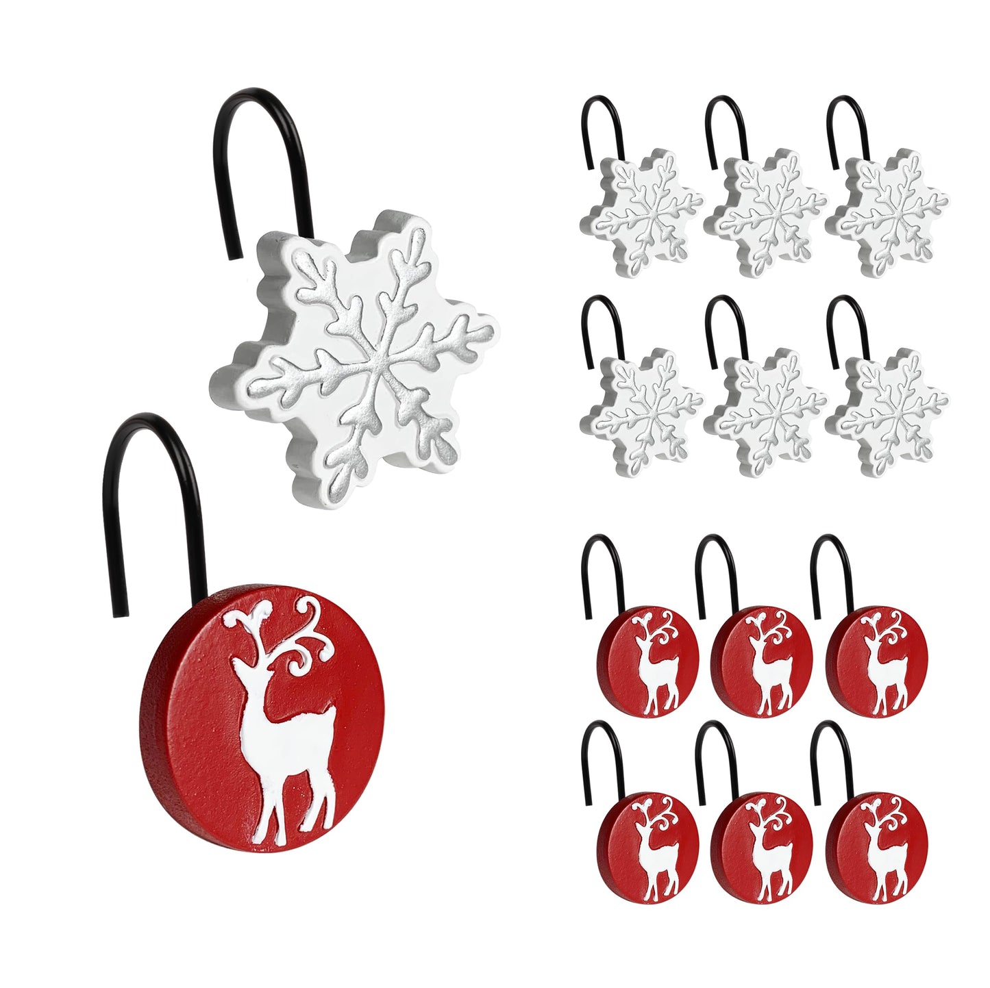 Sunlit Merry Christmas Shower Curtain Hooks White Reindeer Red Shower Curtain Rings, Resin, Winter Bathroom Decoration - 12 Pack