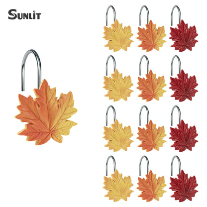 Sunlit Maple Leaf Shower Curtain Hooks for Fall Autumn, Home Decorative Shower Curtain Rings for Bathroom, Resin, Orange Red Maple Leaves Shower Curtain Hangers Hooks Bath Accessories, Set of 12