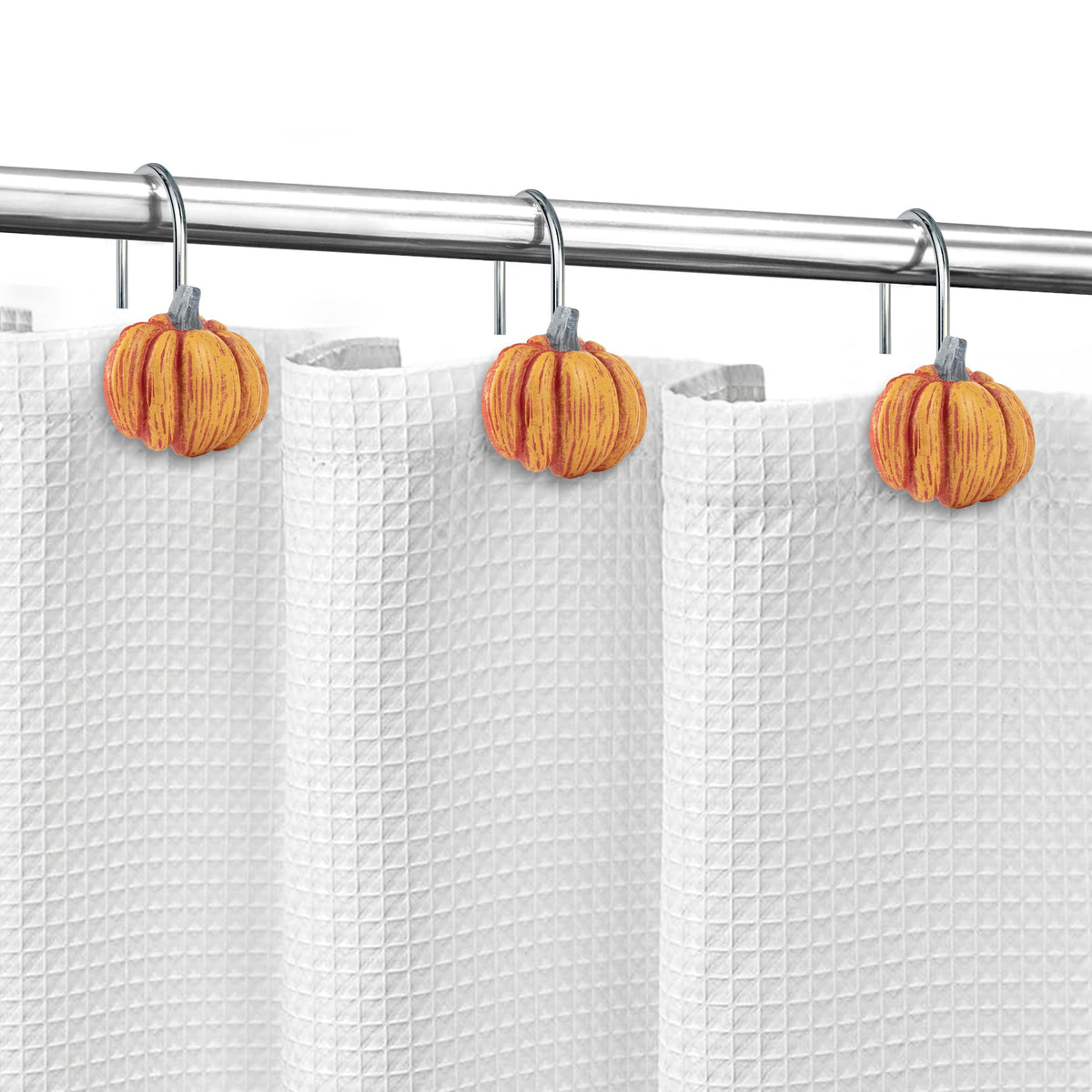 Sunlit Fall Pumpkin Decorative Shower Curtain Hooks, Autumn Harvest Festival Shower Curtain Rings, Resin Farmhouse Bathroom Curtain Hangers Decoration, Set of 12, Orange Blue White