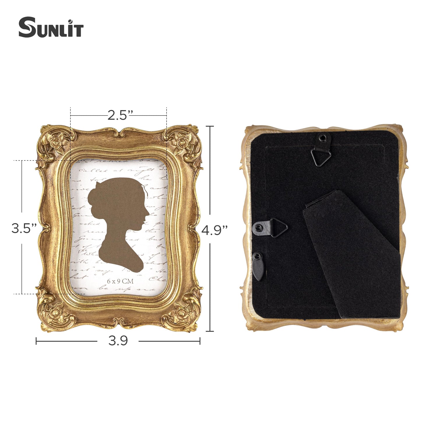 Sunlit Vintage Small Picture Frame 2.5x3.5 Inch, Antique Mini Polaroid Photo Frames with Glass Front, Luxury Wallet Size Picture Frames, Tiny Photo Frames Display Tabletop Wall Hanging Gift Ideas, Gold