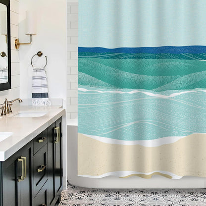 Abstract Beach Shower Curtain, Blue Seashore Ocean Shower Curtains for Modern Bathroom Decor, Coastal Sea Waves Bathroom Curtains, 72x72