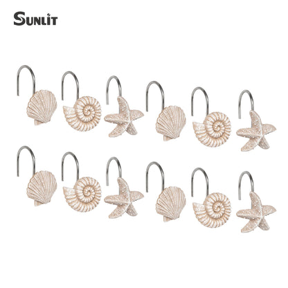 Sunlit Seashells Decorative Shower Curtain Hooks, Scallop Nautilus & Seahorse Shower Curtain Rings, Seashell Blush, Resin, Nautical Bathroom Decoration Beach Shower Curtain Hooks-12 Pack
