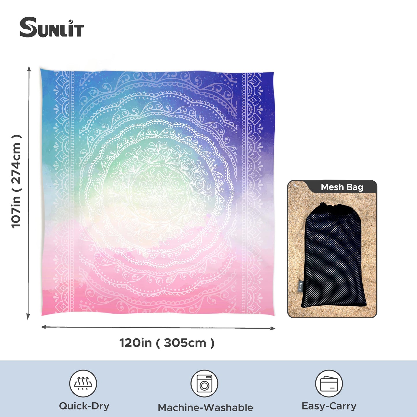 Sunlit Silky Soft Sand Proof Beach Blanket 106"x81" / 85"x72" Sand Proof Mat with Corner Pockets and Mesh Bag for Beach Party, Travel, Camping and Outdoor Music Festival, Mandala