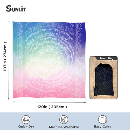 Sunlit Silky Soft Sand Proof Beach Blanket 106"x81" / 85"x72" Sand Proof Mat with Corner Pockets and Mesh Bag for Beach Party, Travel, Camping and Outdoor Music Festival, Mandala