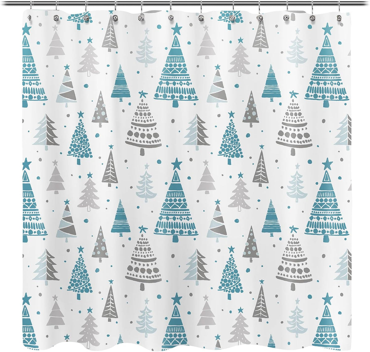 Sunlit Christmas Shower Curtain, Blue and Gray Xmas Trees with Stars and Snow Pattern Shower Curtains for Bathroom Decor, Winter Snowflake Pine Tree Bathroom Curtains, 71x71 Inch