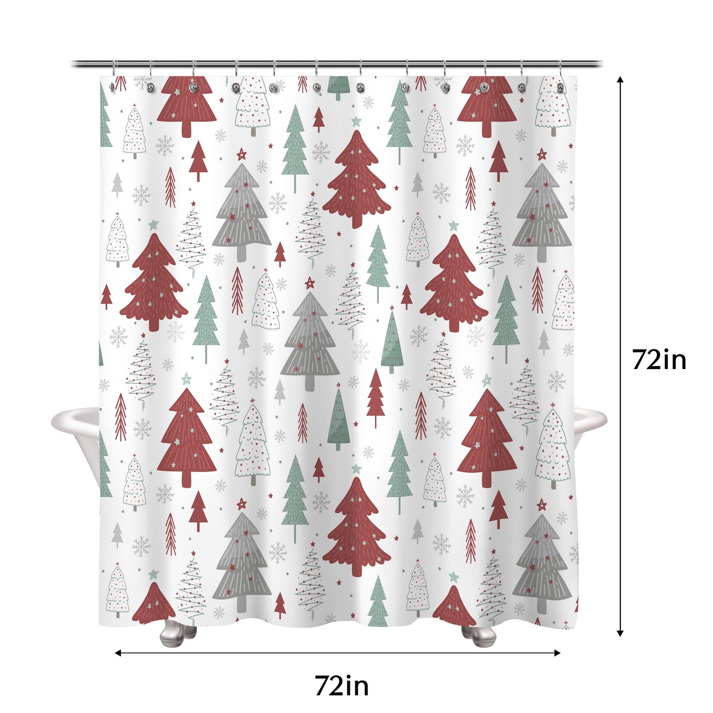 Sunlit Christmas Shower Curtain, Red and Gray Xmas Trees with Stars and Snow Pattern Shower Curtain for Bathroom Decor, 71x71 Inch