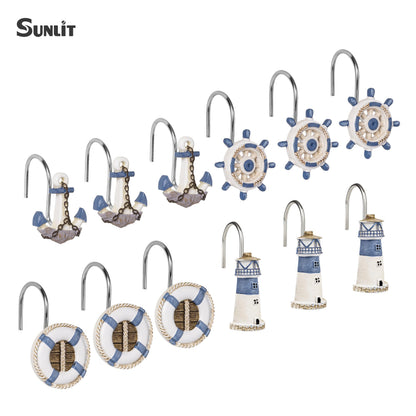 Sunlit Nautical Shower Curtain Hooks, Home Decorative Coastal Shower Curtain Rings for Bathroom, Resin, Ocean Shower Curtain Hanger Hooks for Living Room, Set of 12, Blue Lighthouse Sailboat
