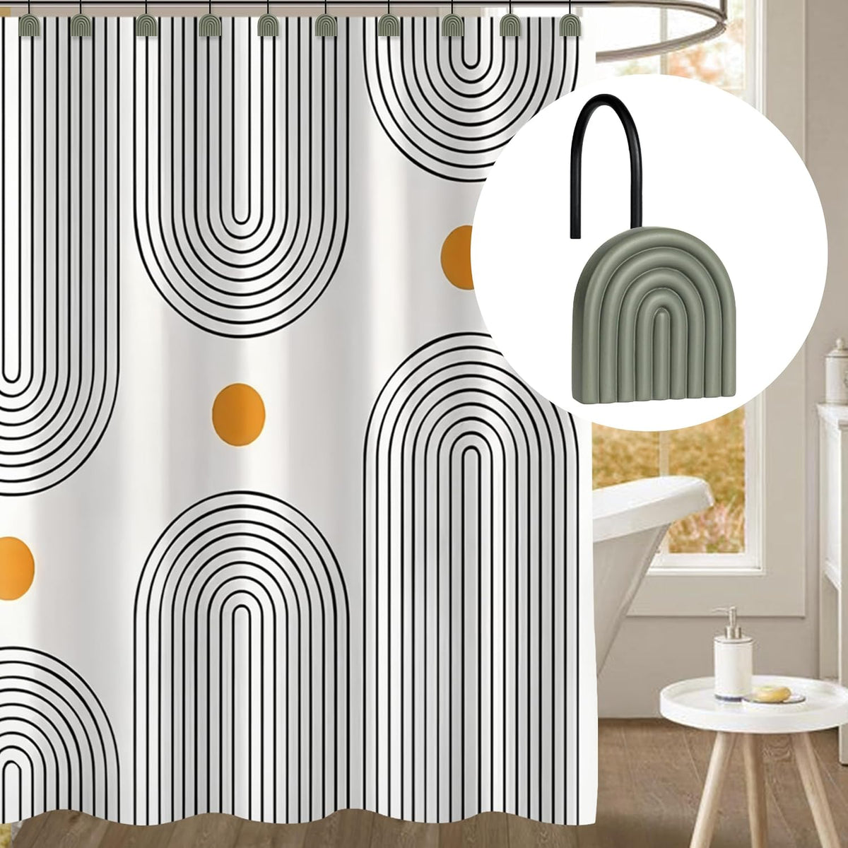 Sunlit Arch Shower Curtain Hooks, Decorative Bathroom Curtain Rings, Green
