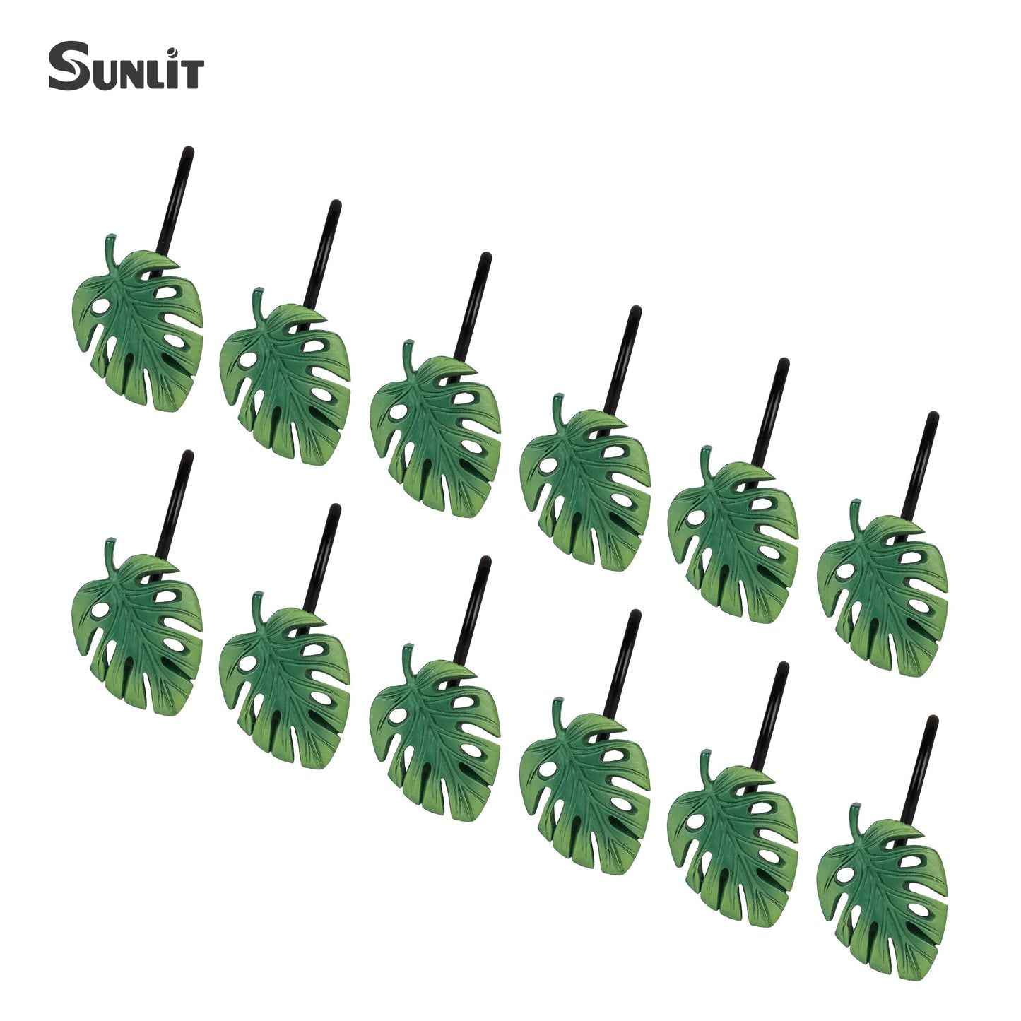 Tropical Leaf Decorative Shower Curtain Hooks, Green Botanical Shower Curtain Rings with Black Hooks, Resin, Monstera Deliciosa Leaves Shower Curtain Hangers for Bathroom, Set of 12