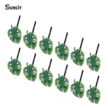 Tropical Leaf Decorative Shower Curtain Hooks Green Botanical Shower Curtain Rings, Resin, Monstera Deliciosa Leaves Shower Curtain Hangers for Bathroom, Set of 12