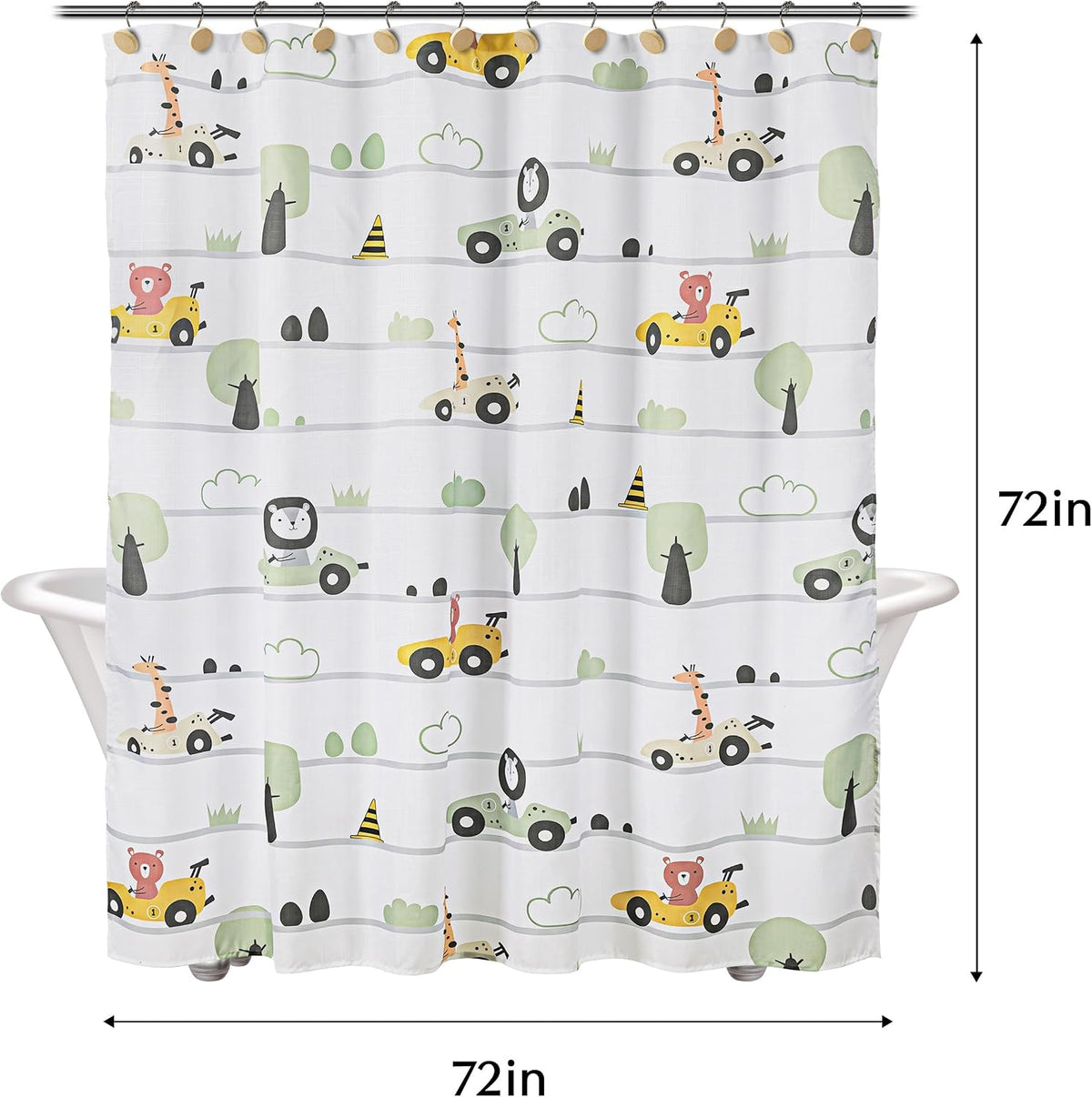 Sunlit Funny Car Race Fabric Kids Shower Curtain, Cute Cartoon Animal Drivers with Giraffe, Lion & Bear, Fun Road Trip Theme Bathroom Decor for Boys and Girls, 72 x 72 Inches, Sage Green