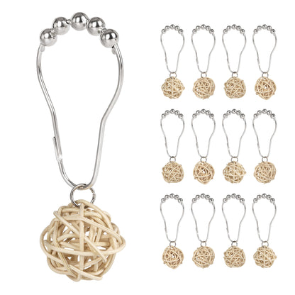 Sunlit Boho Decorative Rattan Balls Shower Curtain Hooks, Wicker Orbs Shower Curtain Rings for Bathroom, Farmhouse Shower Curtain Hangers Bathroom Accessories, Set of 12, Brown