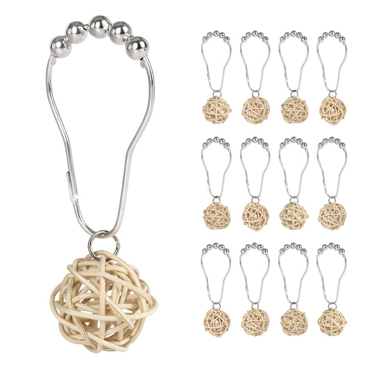 Sunlit Boho Decorative Rattan Balls Shower Curtain Hooks, Wicker Orbs Shower Curtain Rings for Bathroom, Farmhouse Shower Curtain Hangers Bathroom Accessories, Set of 12, Brown