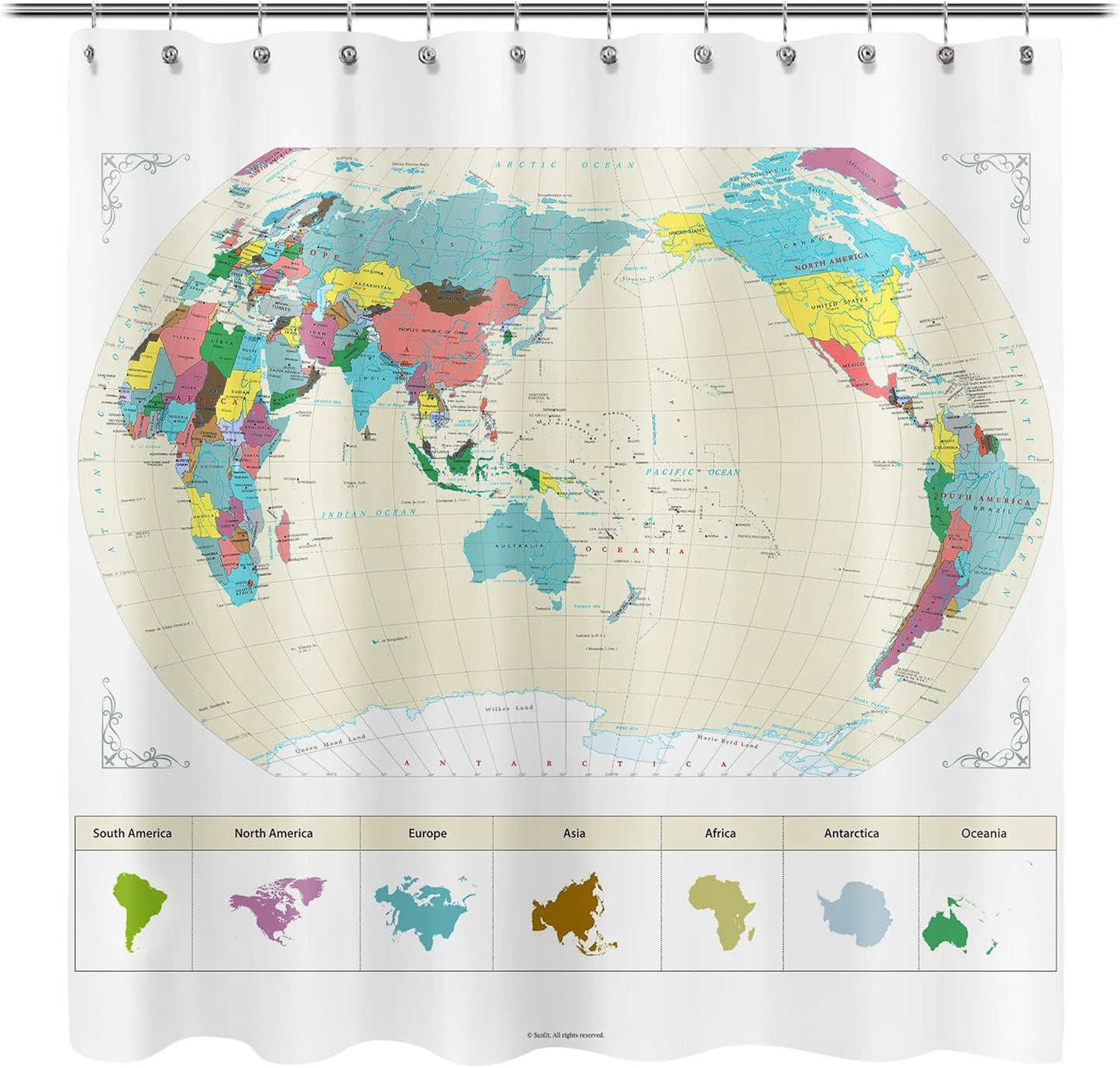 Sunlit Updated World Map Fabric Shower Curtain, Map of The World with Detailed Major Cities Shower Curtains for Kids, Geography Educational Bathroom Curtain, Large Home Decor Wall Map, 71" x 71"