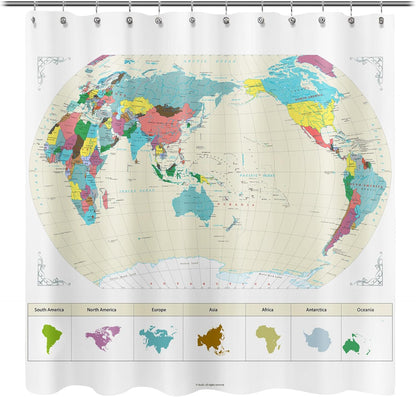 Sunlit Updated World Map Fabric Shower Curtain, Map of The World with Detailed Major Cities Shower Curtains for Kids, Geography Educational Bathroom Curtain, Large Home Decor Wall Map, 71" x 71"