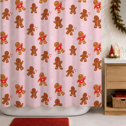 Sunlit Christmas Shower Curtain, Pink Holiday Gingerbread Men with Candy Canes and Snowflakes Cute Xmas Cookie Pattern, Festive Bathroom Fabric Shower Curtain, Home Decor Tapestry, 72" x 72"