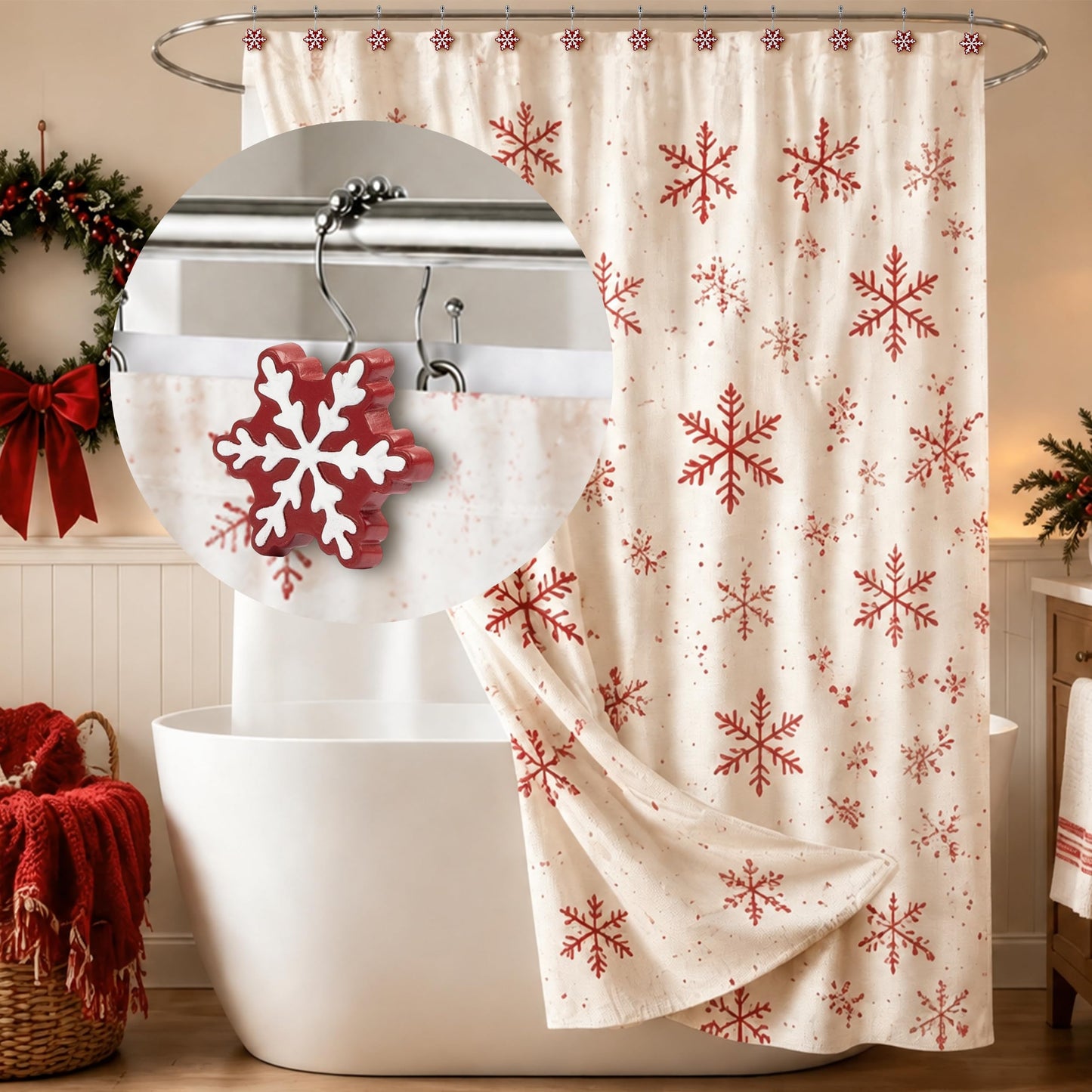 Sunlit Christmas Shower Curtain Hooks Silver Snowflakes Shower Curtain Rings, Resin, White Christmas Decor, Winter Bathroom Decoration - 12 Pack
