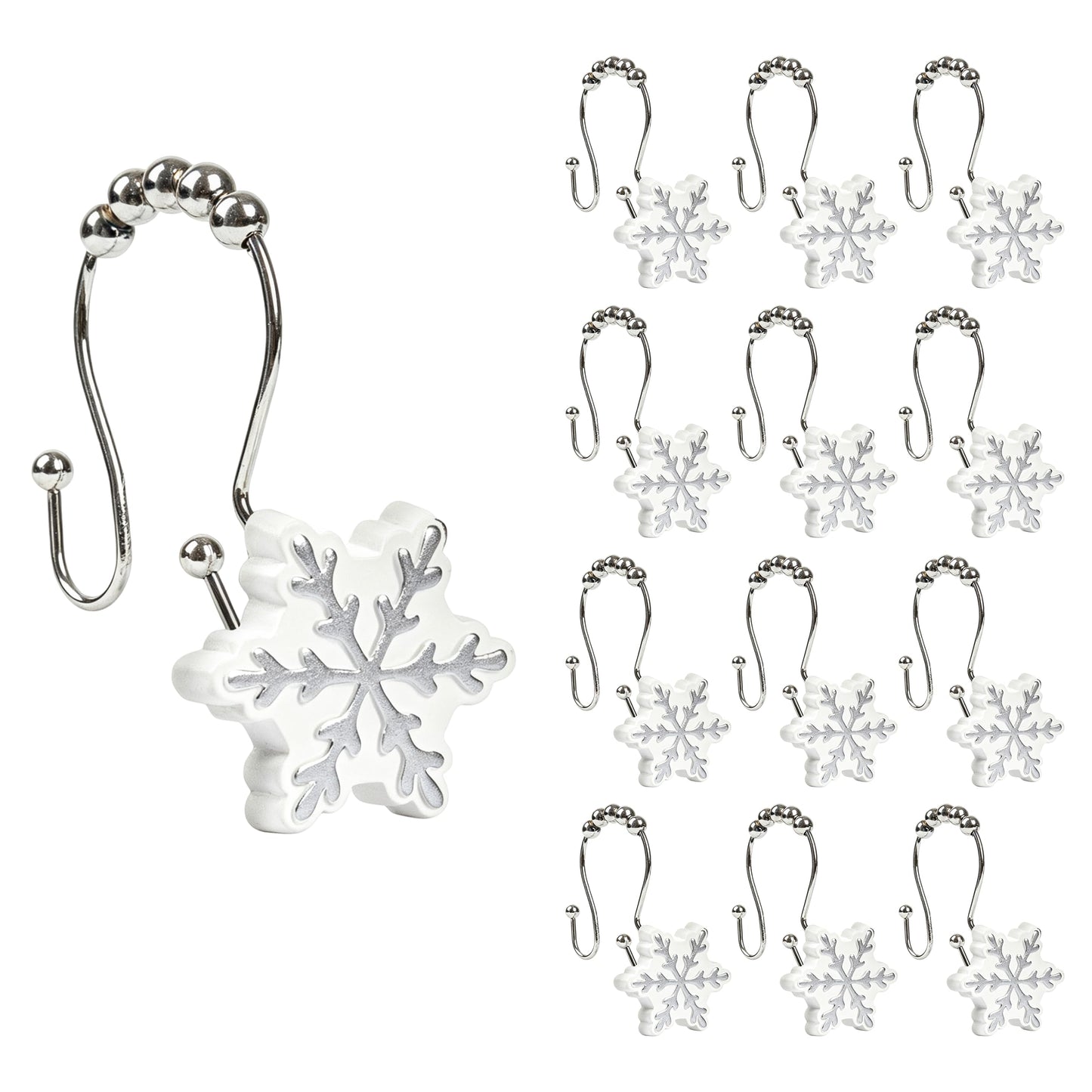 Sunlit Christmas Shower Curtain Hooks Silver Snowflakes Shower Curtain Rings, Resin, White Christmas Decor, Winter Bathroom Decoration - 12 Pack