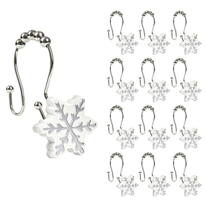 Sunlit Christmas Shower Curtain Hooks Silver Snowflakes Shower Curtain Rings, Resin, White Christmas Decor, Winter Bathroom Decoration - 12 Pack