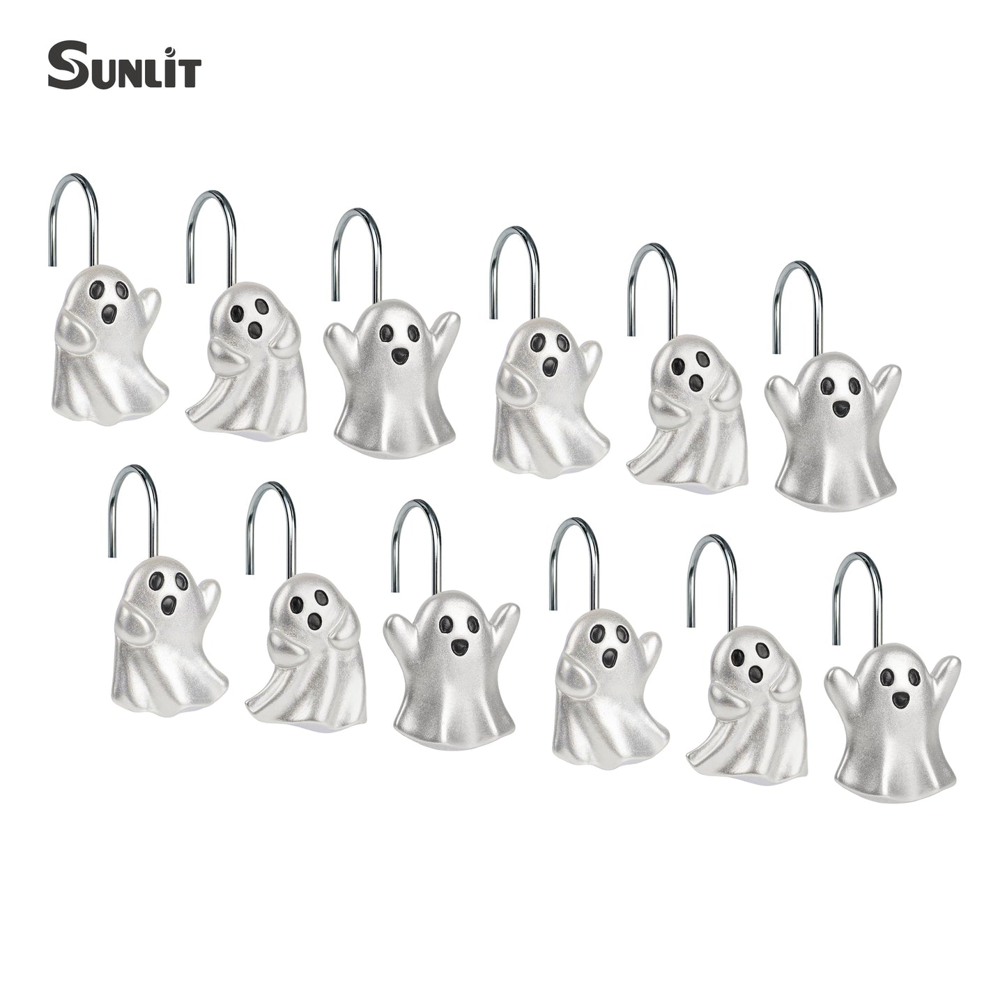 Sunlit Ghost Shower Curtain Hooks, Home Decorative Shower Curtain Rings for Bathroom, Halloween Shower Curtain Hangers Bathroom Accessories, Set of 12