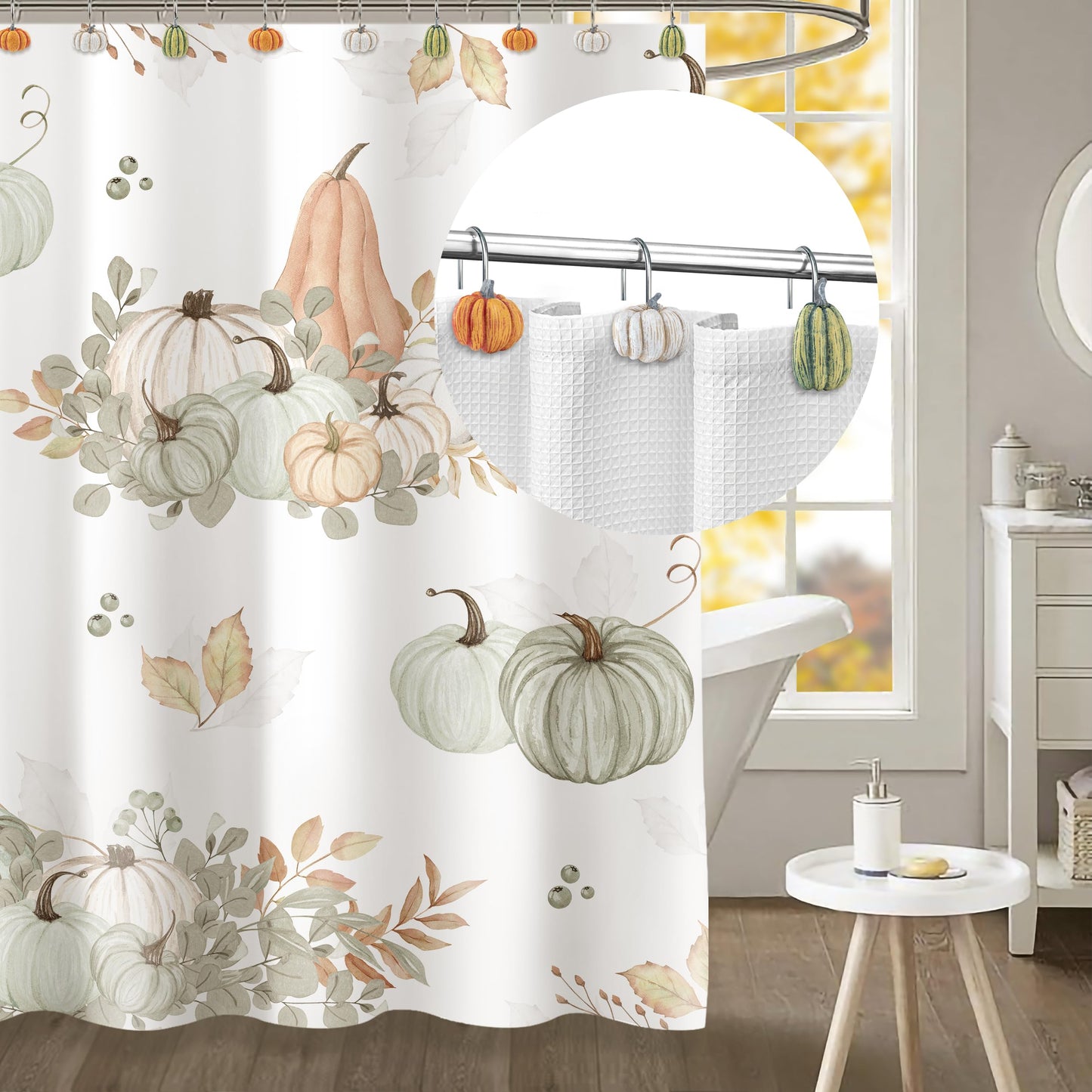 Sunlit Fall Pumpkin Decorative Shower Curtain Hooks, Autumn Harvest Festival Shower Curtain Rings, Resin, Orange Farmhouse Bathroom Curtain Hangers Decoration, Set of 12