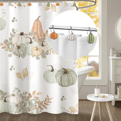 Sunlit Fall Pumpkin Decorative Shower Curtain Hooks, Autumn Harvest Festival Shower Curtain Rings, Resin, Orange Farmhouse Bathroom Curtain Hangers Decoration, Set of 12