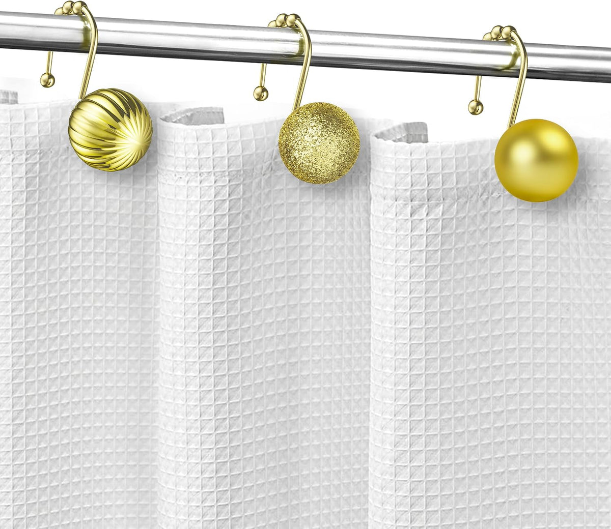 Sunlit Christmas Balls Decorative Shower Curtain Hooks, Shower Curtain Rings with Roller Balls, Xmas Theme Winter Holiday Bathroom Decoration, Set of 12, Golden