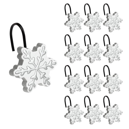 Sunlit Christmas Shower Curtain Hooks Snowflakes Double Shower Curtain Rings, Resin, Red and White Christmas Decor, Winter Bathroom Decoration - 12 Pack
