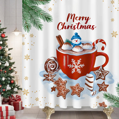 Sunlit Christmas Shower Curtain, Red Mug Hot Cocoa with Snowman Marshmallows and Gingerbread Cookies, Whimsical Holiday Scene Festive Bathroom Fabric Shower Curtain, Home Decor Tapestry, 72" x 72"