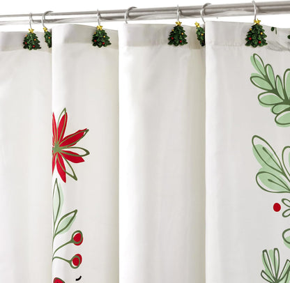 Sunlit Christmas Shower Curtain, Green Xmas Pine Tree with Red Star Ornament Holiday Floral Holly Berries Decorations Festive Bathroom Fabric Shower Curtain, Home Decor Tapestry, 72" x 72"