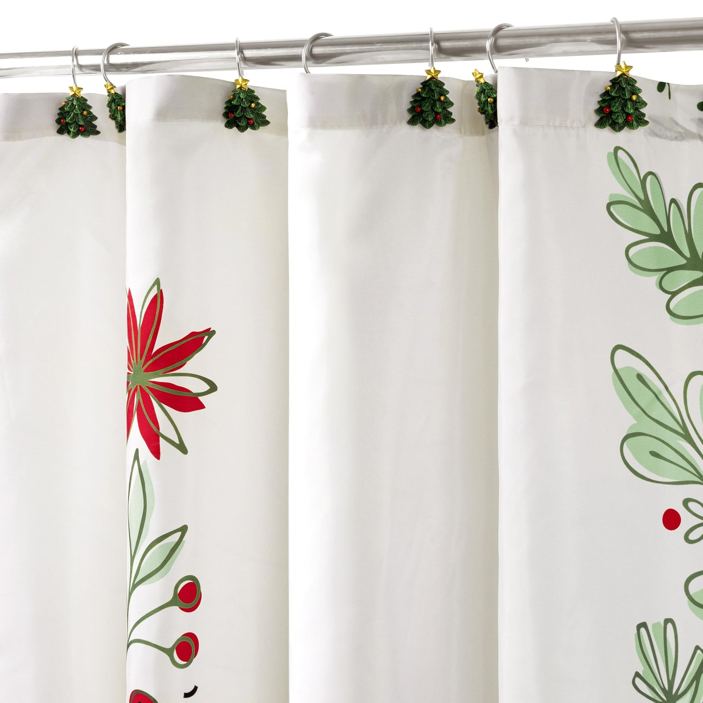 Sunlit Christmas Shower Curtain, Green Xmas Pine Tree with Red Star Ornament Holiday Floral Holly Berries Decorations Festive Bathroom Fabric Shower Curtain, Home Decor Tapestry, 72" x 72"