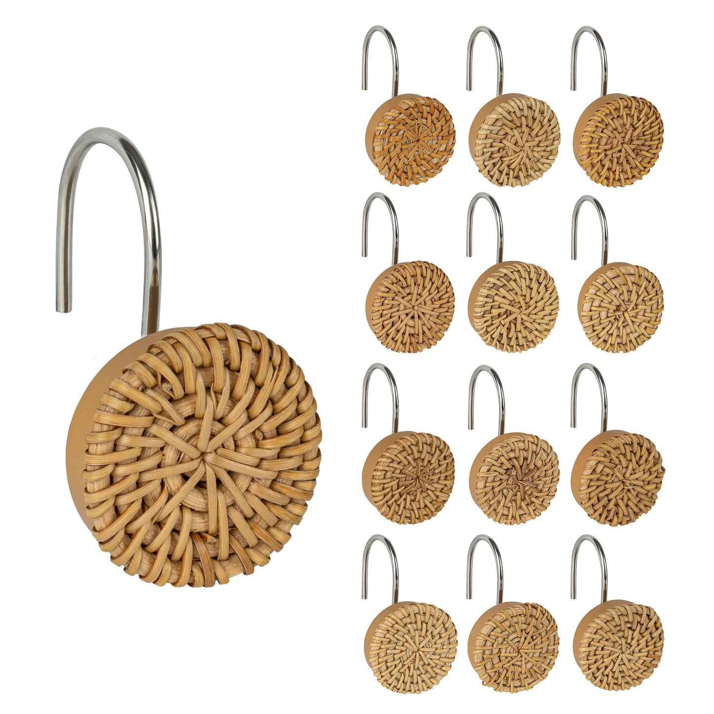 Sunlit Boho Decorative Shower Curtain Hooks, Woven Wicker Ratten Beige Shower Curtain Rings for Bathroom, Farmhouse Shower Curtain Hangers Bathroom Accessories, Set of 12