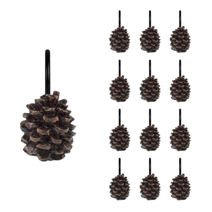 Sunlit Pinecone Decorative Shower Curtain Hooks, Brown Pine Cone Shower Curtain Rings, Resin, Winter Christmas Theme Bathroom Decoration, Set of 12