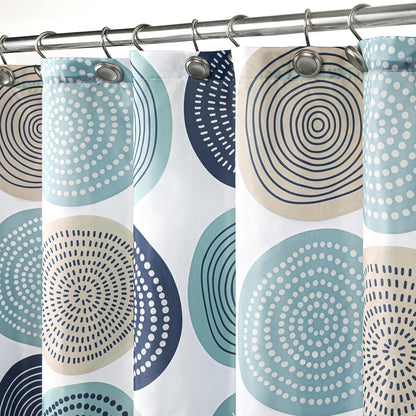 Sunlit Abstract Tree Rings Woody Artistic Fabric Shower Curtain. Nature Pale Blue Teal Beige Light Brown