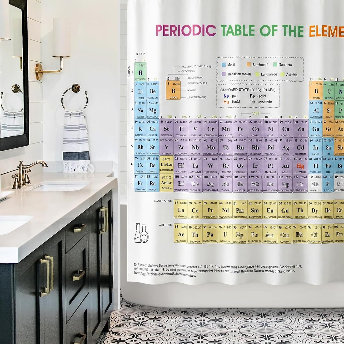 Updated Periodic Table of Elements Fabric Shower Curtains for Chemistry Students and Teacher Use as Poster, Educational Shower Curtain