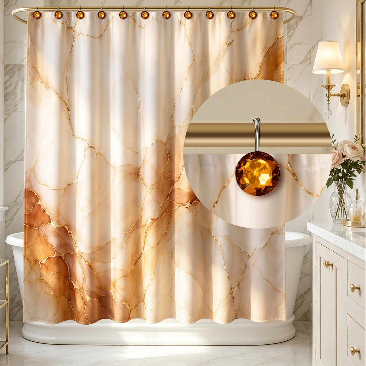 Sunlit Round Rhinestone Shower Curtain Hooks with Glide Balls, 12 Pack