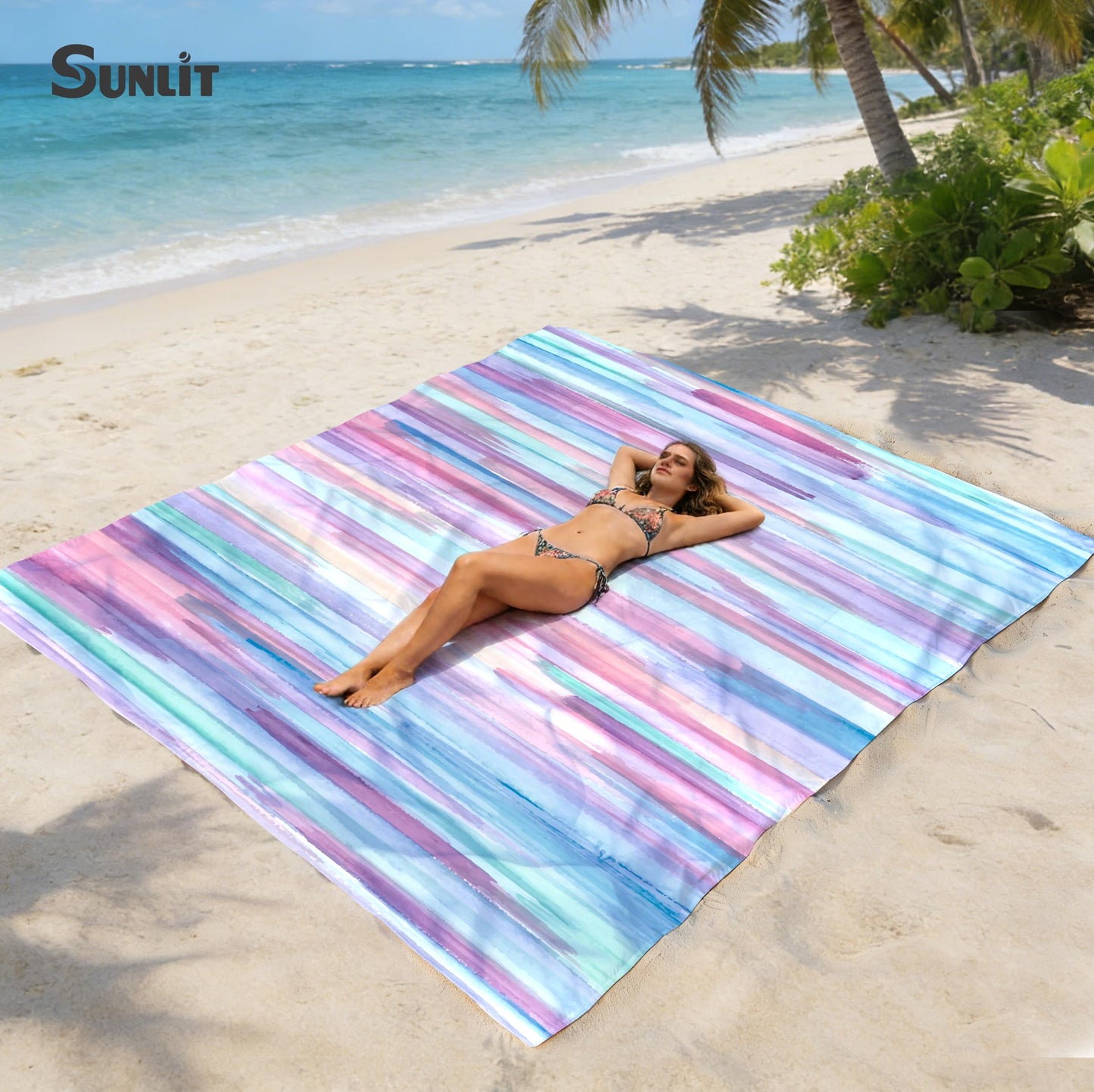 Sunlit Silky Soft 106"x81" Sand Proof Beach Blanket Sand Proof Mat with Corner Pocket and Mesh Bag for Beach Party, Travel, Camping and Outdoor Music Festival, Watercolor Painting Macaron Blue