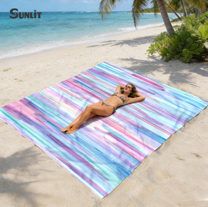 Sunlit Silky Soft 106"x81" Sand Proof Beach Blanket Sand Proof Mat with Corner Pocket and Mesh Bag for Beach Party, Travel, Camping and Outdoor Music Festival, Watercolor Painting Macaron Blue