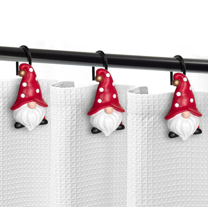 Sunlit Christmas Shower Curtain Hooks, Gnome Shower Curtain Rings, Hand Painted Resin Christmas Decor, Winter Bathroom Decoration, Red Hat with White Polka Dot, Set of 12