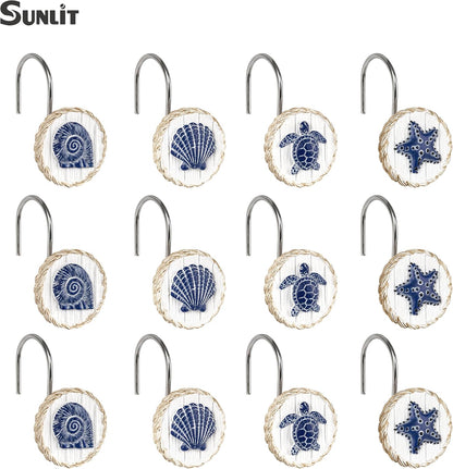 Sunlit Ocean Decorative Shower Curtain Hooks, Sea Turtle Spiral Shell Starfish Conch Shower Curtain Rings, Resin, Nautical Farmhouse Bathroom Decoration Beach Shower Curtain Hooks-12 Pack, Navy
