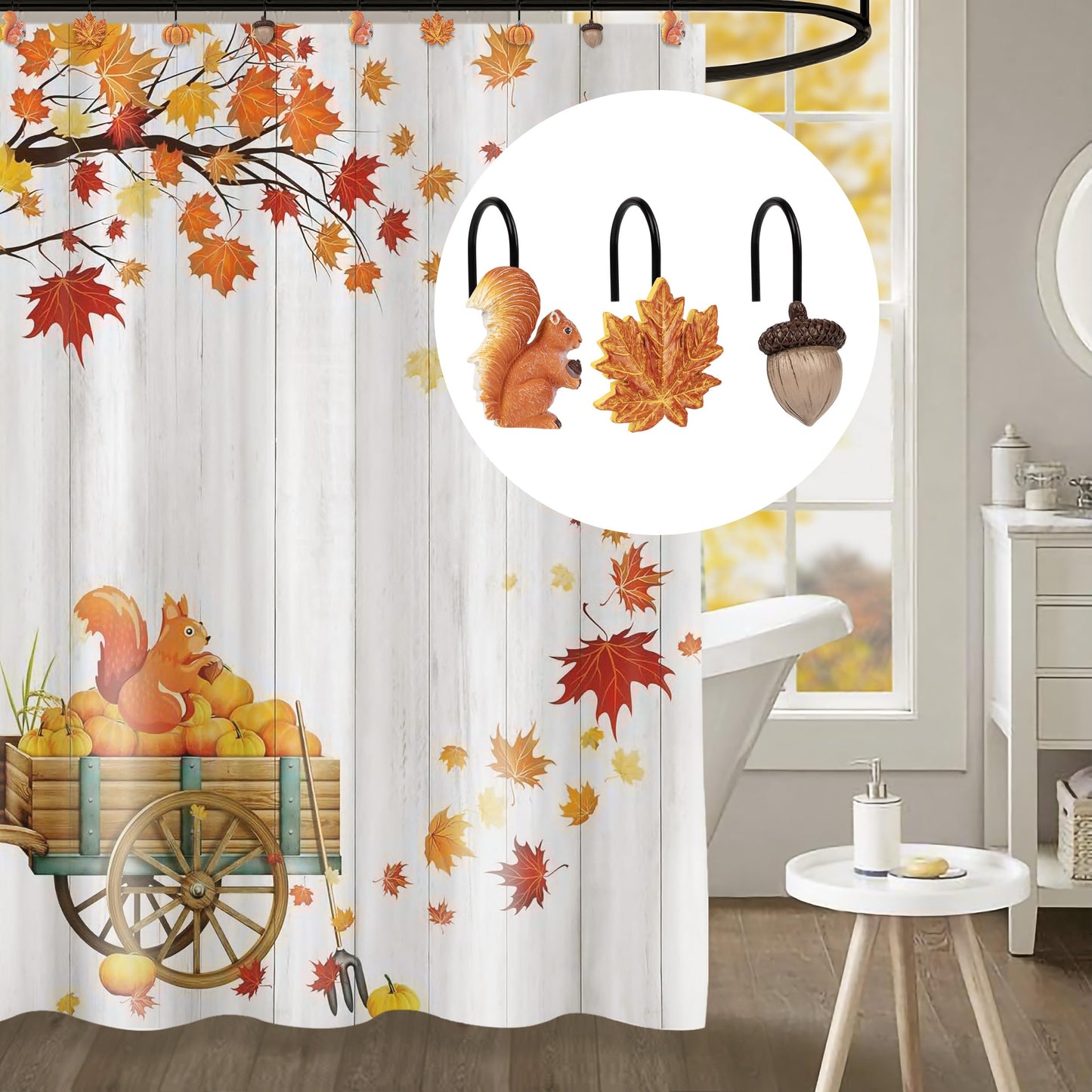 Sunlit Maple Leaf Shower Curtain Hooks for Fall Autumn, Home Decorative Shower Curtain Rings for Bathroom, Resin, Orange Red Maple Leaves Shower Curtain Hangers Hooks Bath Accessories, Set of 12