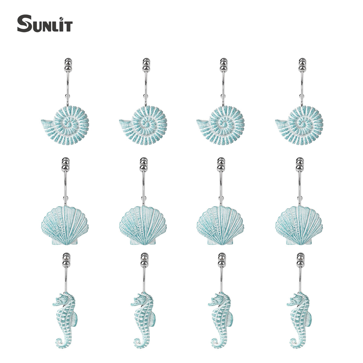 Sunlit Seashells Decorative Shower Curtain Hooks, Aqua Blue Ocean Creatures Coastal Shower Curtain Rings with Black Hooks, Resin, Nautical Bathroom Decoration Beach Shower Curtain Hooks, Set of 12