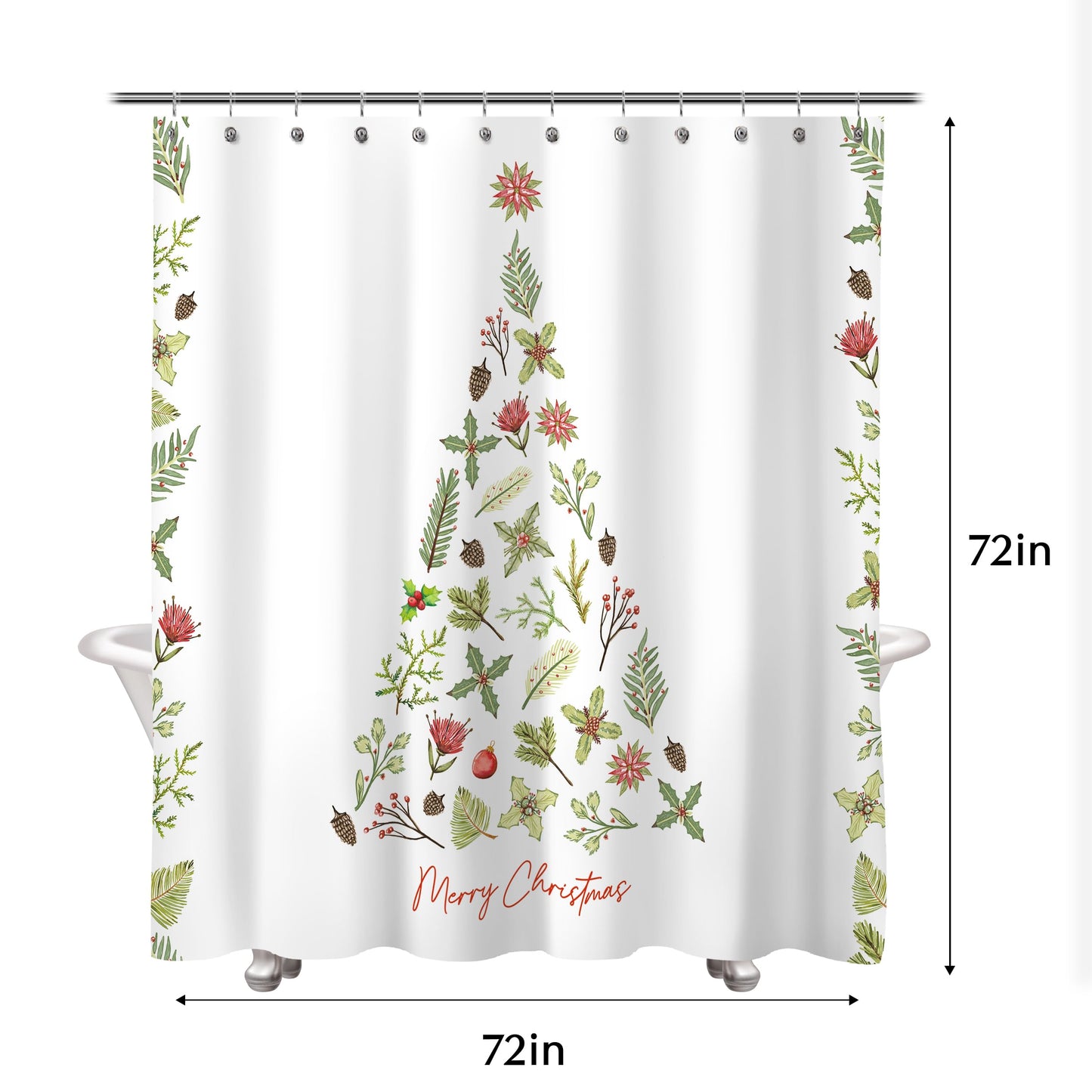 Sunlit Christmas Shower Curtain, Green Xmas Pine Tree with Red Star Ornament Holiday Floral Holly Berries Decorations Festive Bathroom Fabric Shower Curtain, Home Decor Tapestry, 72" x 72"