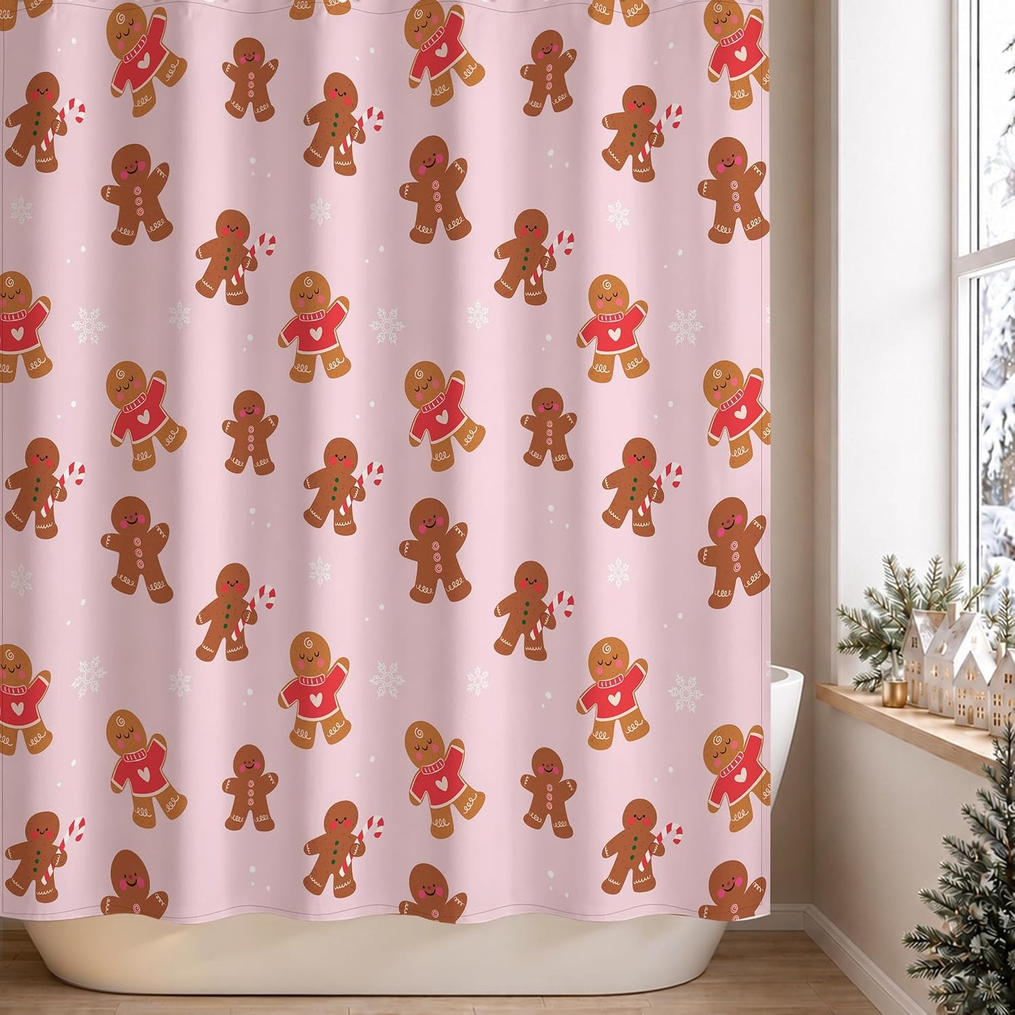 Sunlit Christmas Shower Curtain, Pink Holiday Gingerbread Men with Candy Canes and Snowflakes Cute Xmas Cookie Pattern, Festive Bathroom Fabric Shower Curtain, Home Decor Tapestry, 72" x 72"